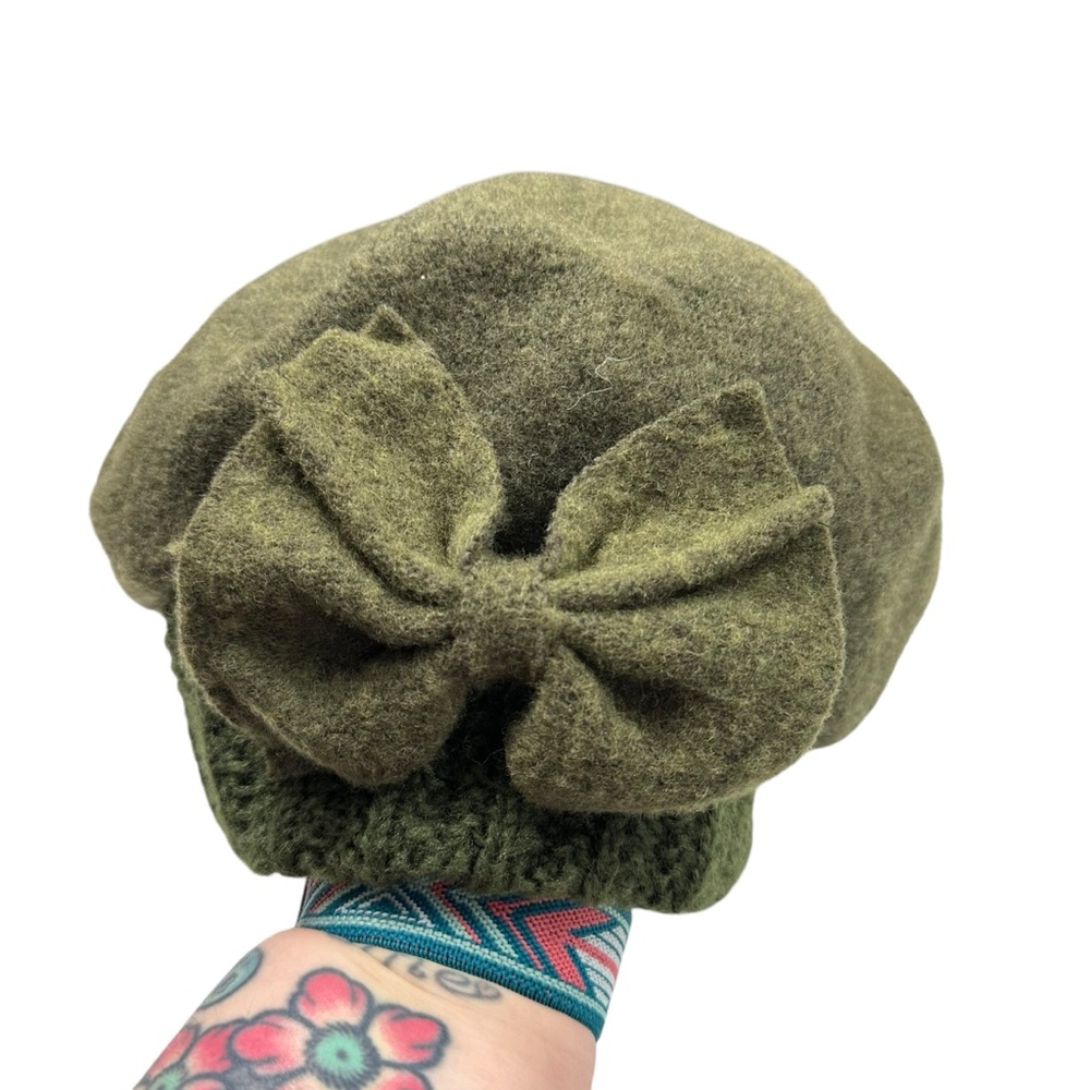 Forbusite Wool Olive Green Knit Bow Front Girly Winter Fall Beret Hat One Size